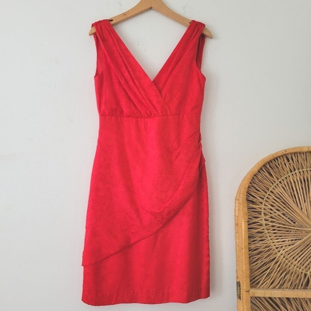 Oleg Cassini 100% Silk Red Jacquard Dress Vintage 8 Wrap V Neck Draped Cocktail